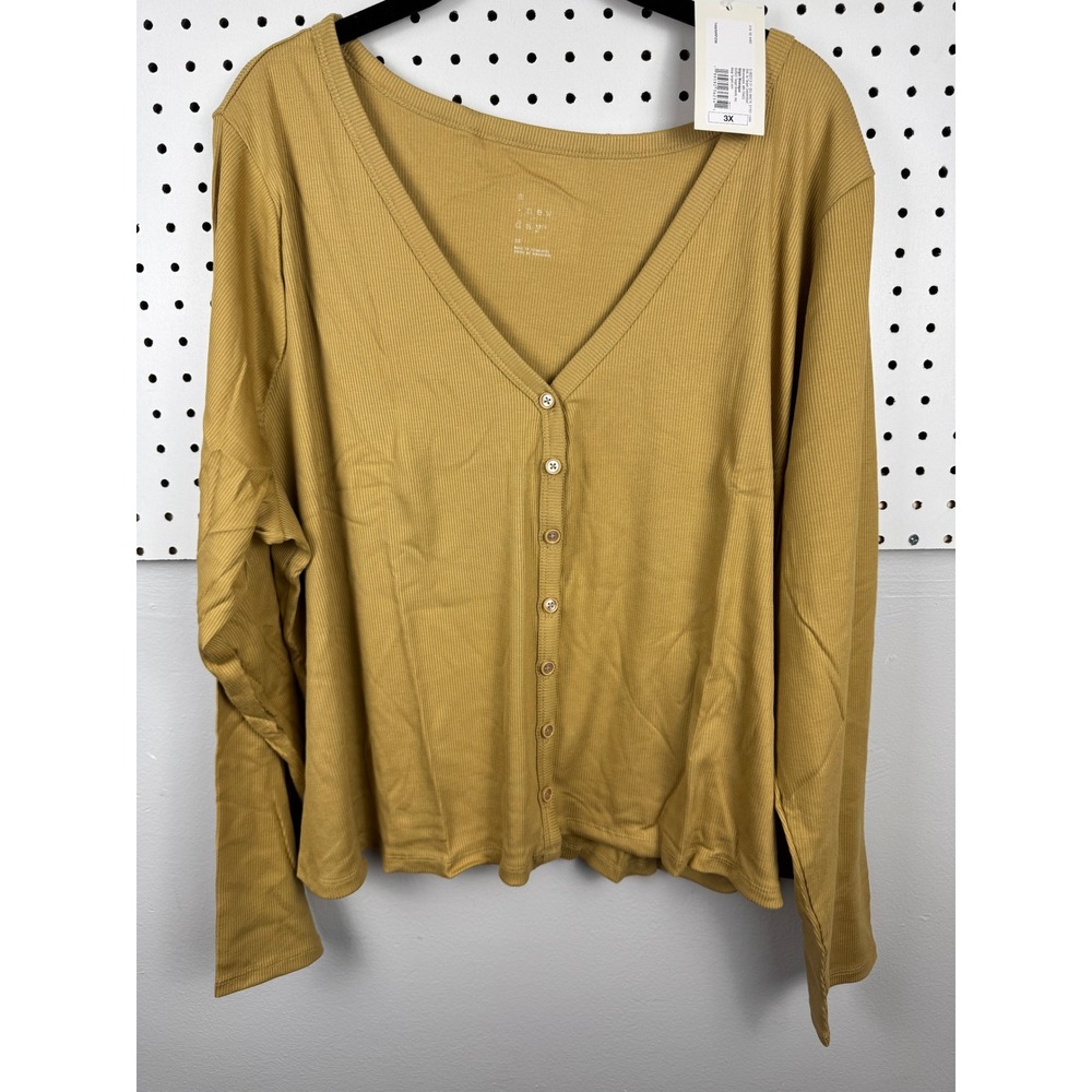 A New Day Ribbed V-Neck Button-Down Cardigan Top‎ Mustard Tan 3X NEW